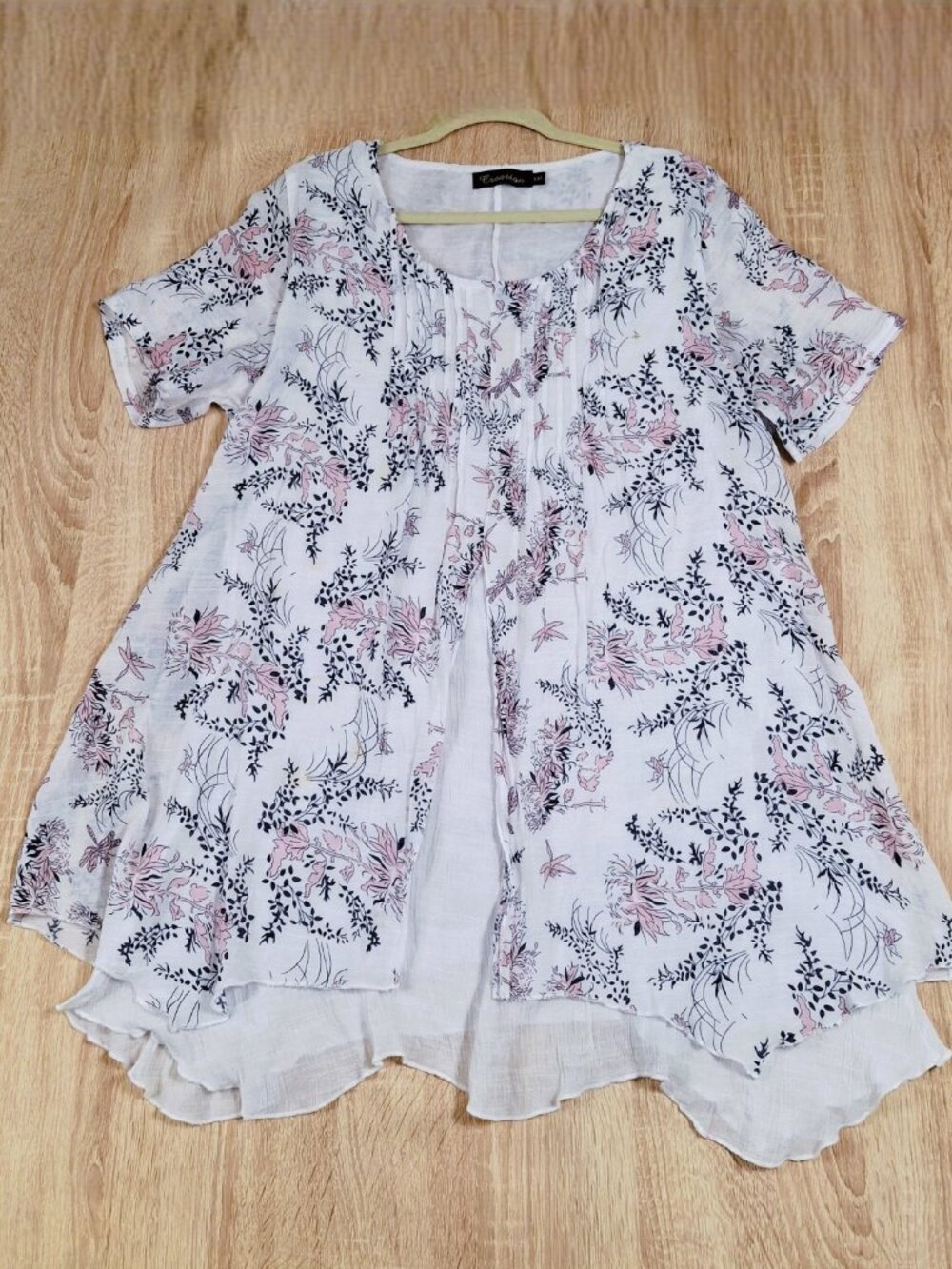 Creation Sz L White Floral Chiffon Tunic Top Dress Pintuck Hi-Low Fairy Summer